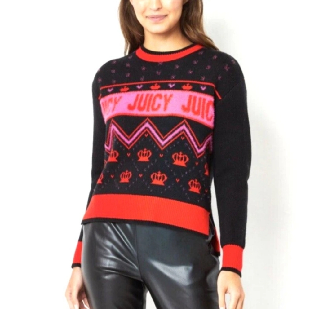 Juicy Couture Women's Black Pink Red‎ Crown Logo Knit Sweater XL